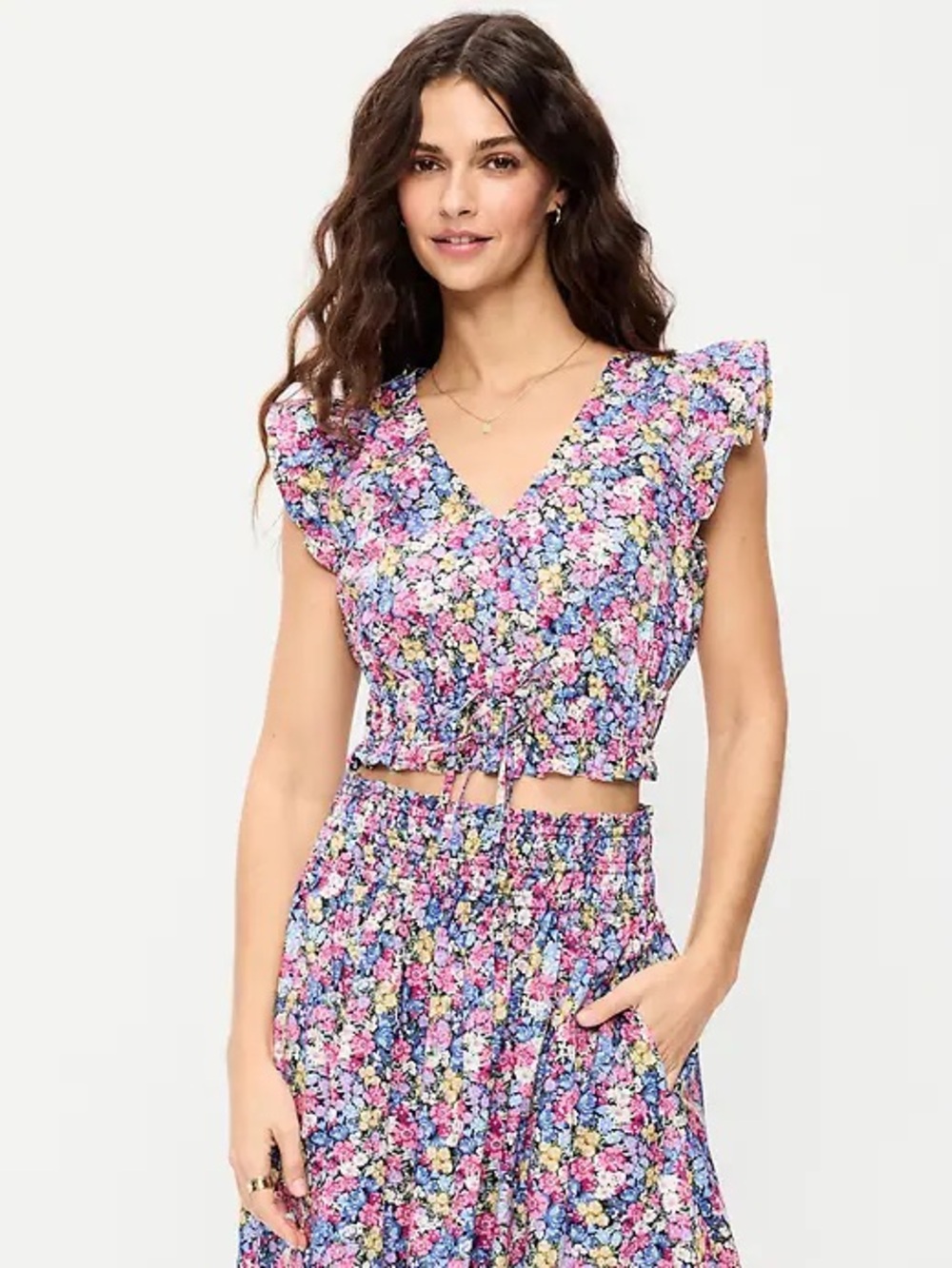 Old Navy Pink Multi Floral V-Neck Smocked Crop Top
